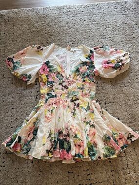 HEMANT & NANDITA White Dress with Pink, Green & Yellow Floral Print